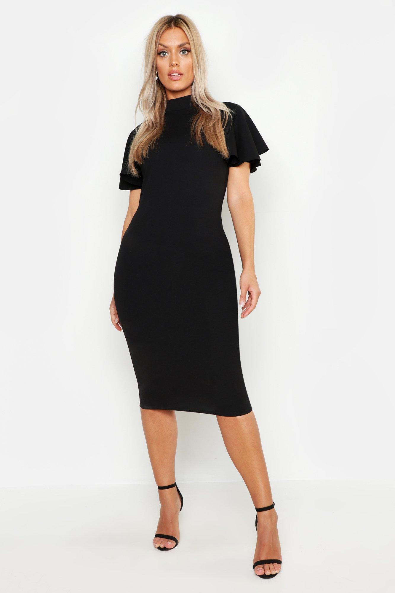 high neck frill midi dress
