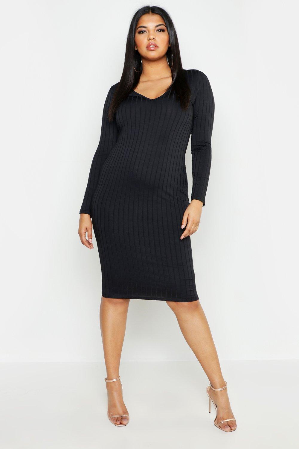 

Plus Ribbed Plunge Neck Midi Dress, Black