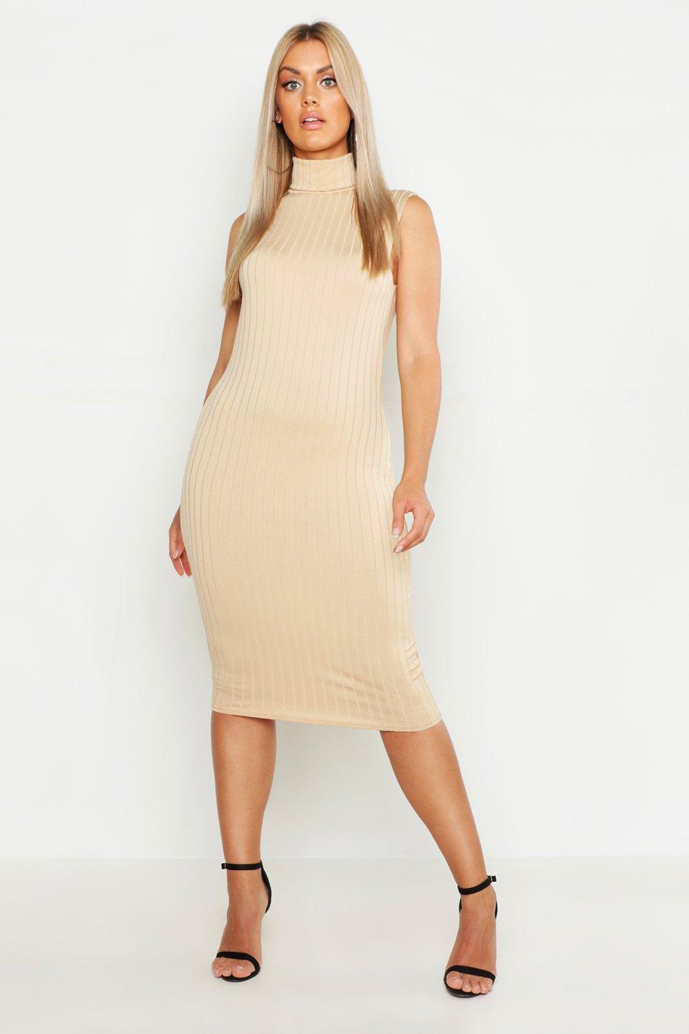 

Plus Ribbed High Neck Sleevless Midi Dress, Taupe