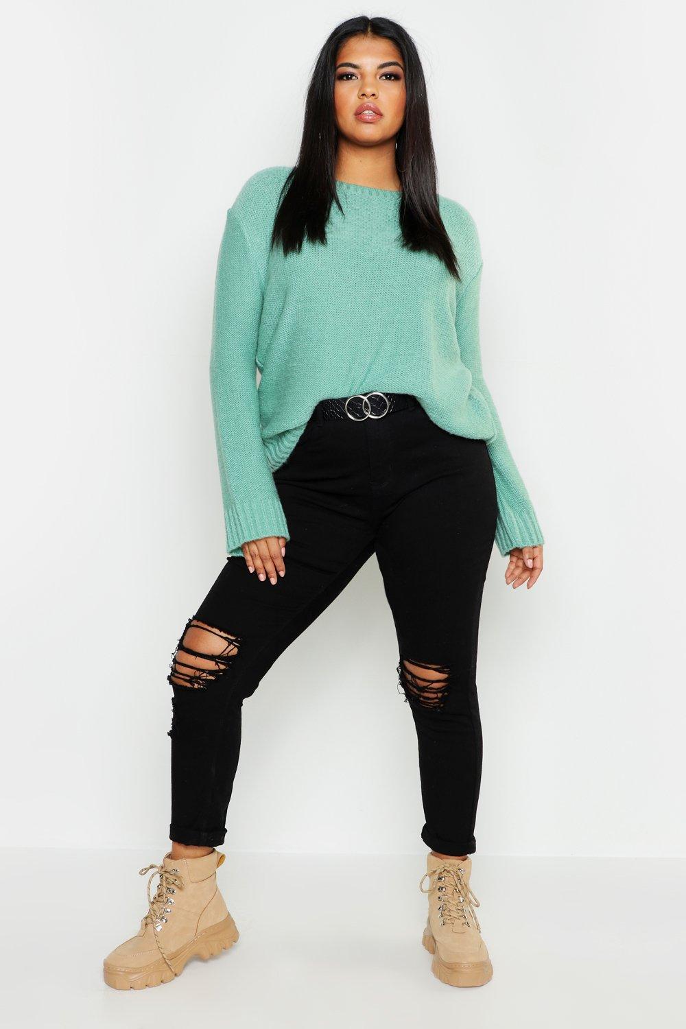 

Plus Oversized Rib Cuff Soft Knit Jumper, Sage