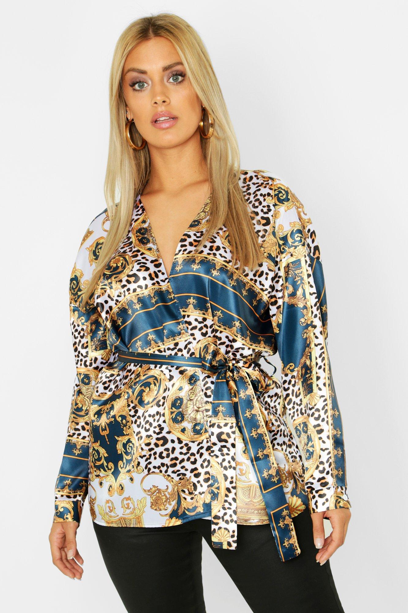 

Plus Woven Chain Leopard Print Blouse, Blue