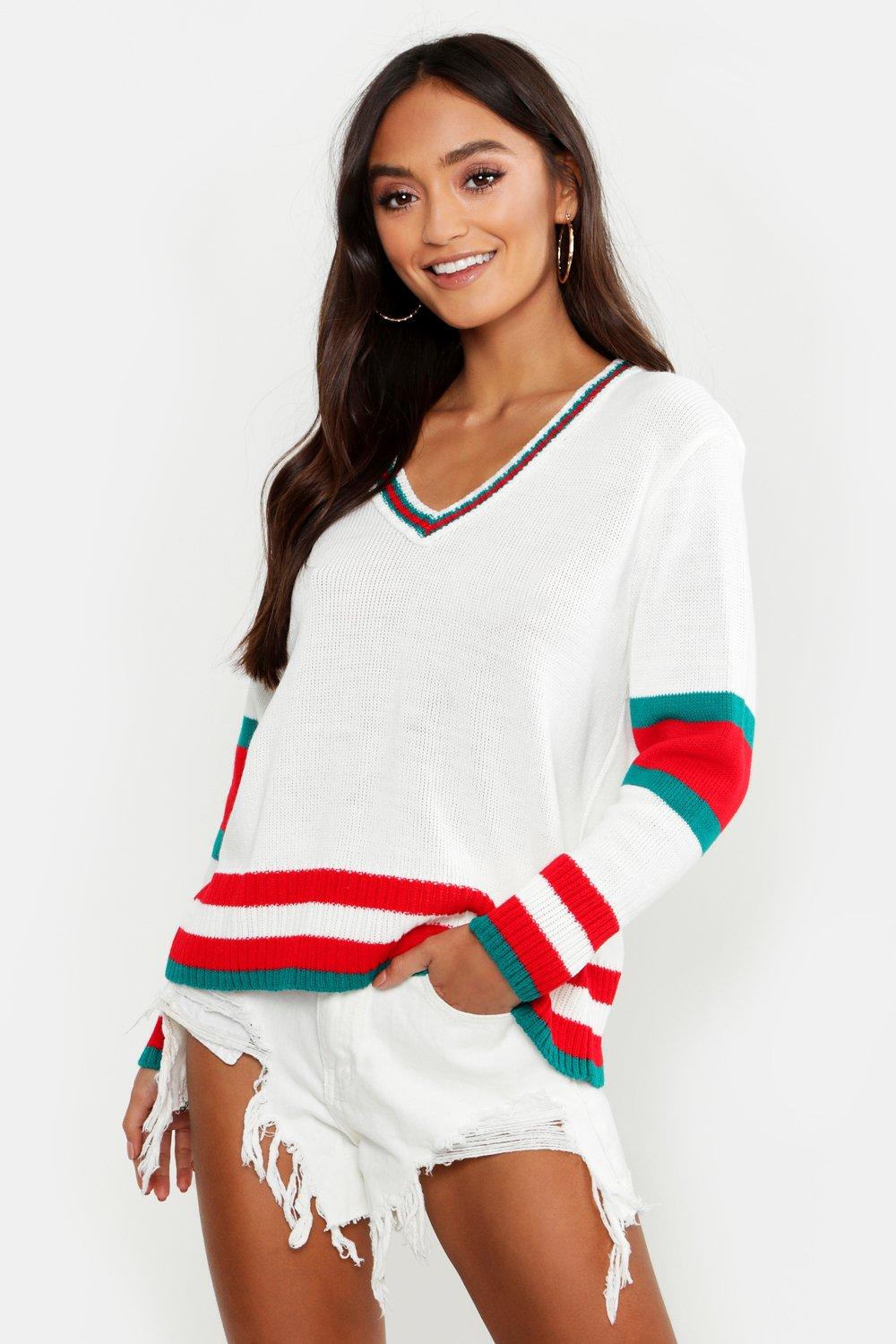 

Petite Stripe Sleeve V Neck Oversized Jumper, Ivory