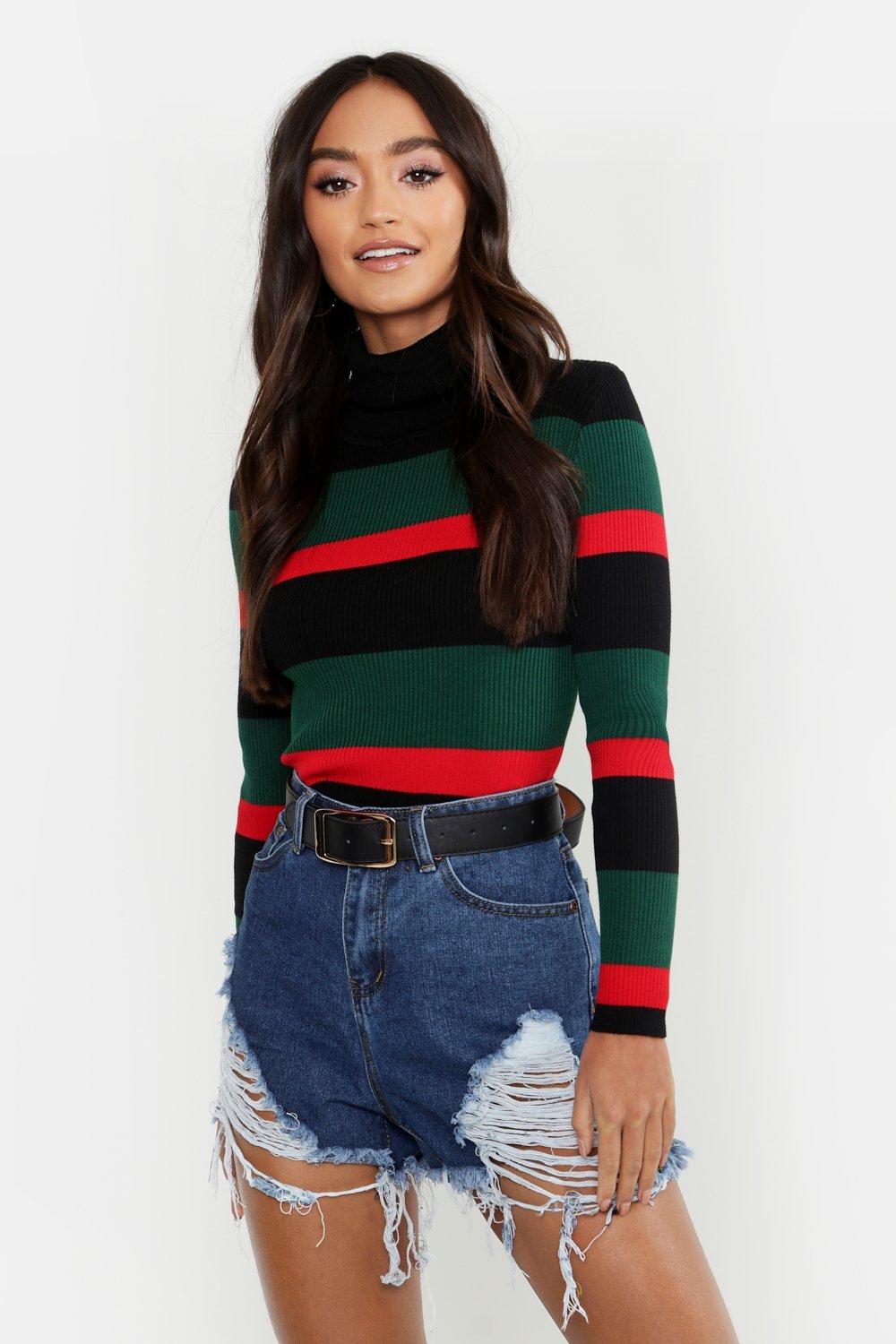 

Petite Colour Block Stripe Rib Knit Roll Neck Jumper, Green