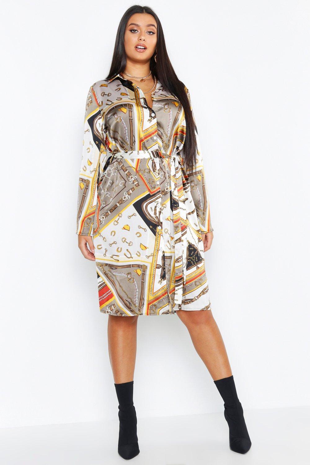  Plus  Satin Chain  Print  Shirt  Dress  Boohoo