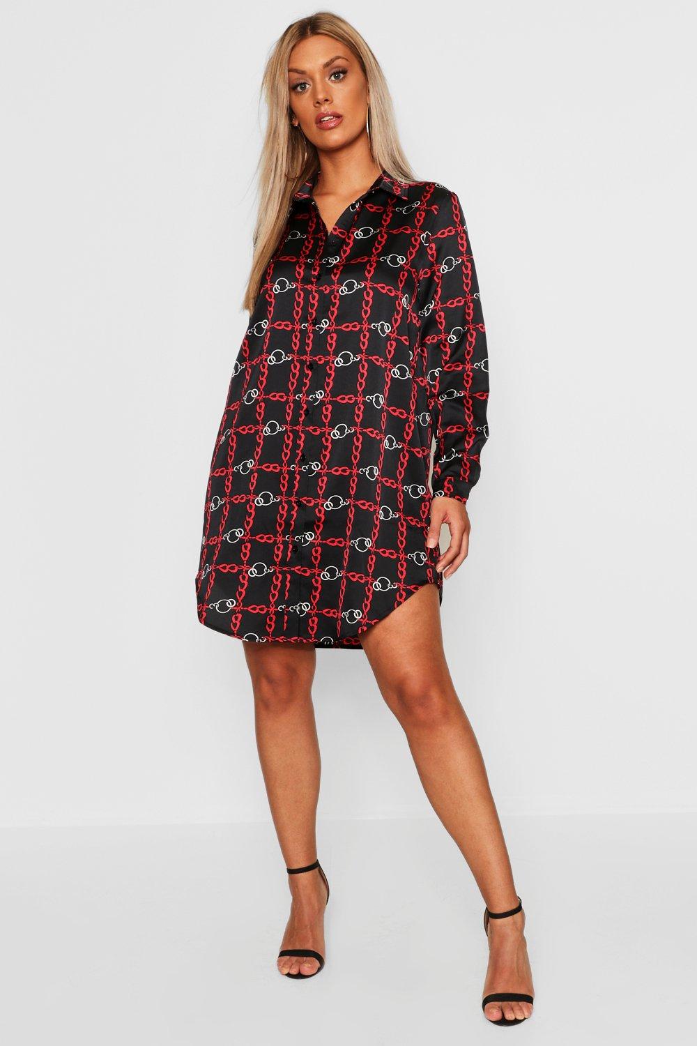  Plus  Satin Chain  Print  Shirt  Dress  Boohoo