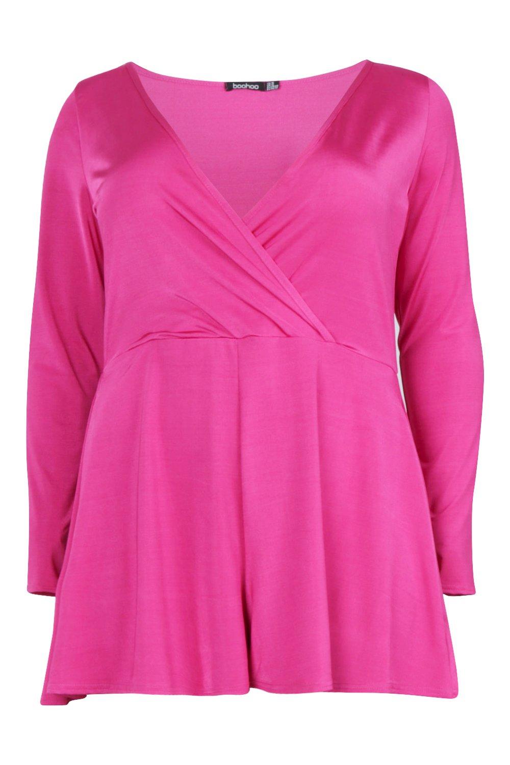 

Обтягивающий Комбинезон с длинными рукавамис запахом размера плюс, Hot pink