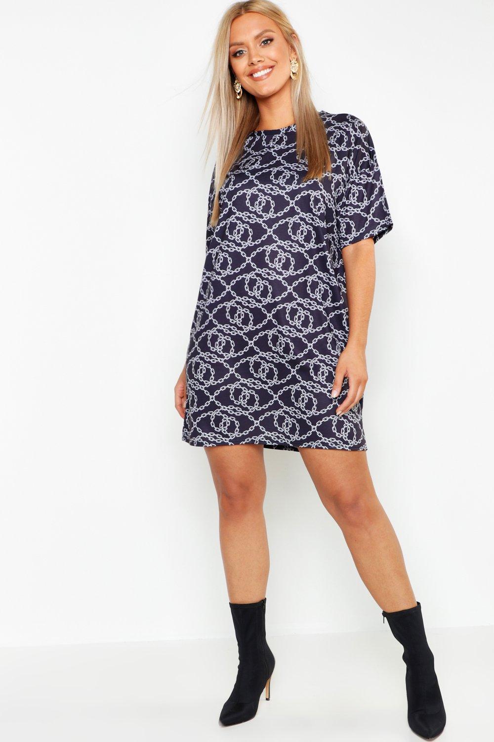  Plus  Oversized Chain  Print  T Shirt  Dress  Boohoo