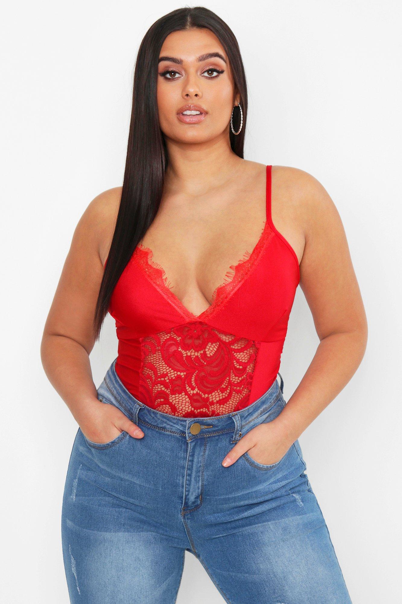 

Кружевное боди из атласа размера плюс, Red