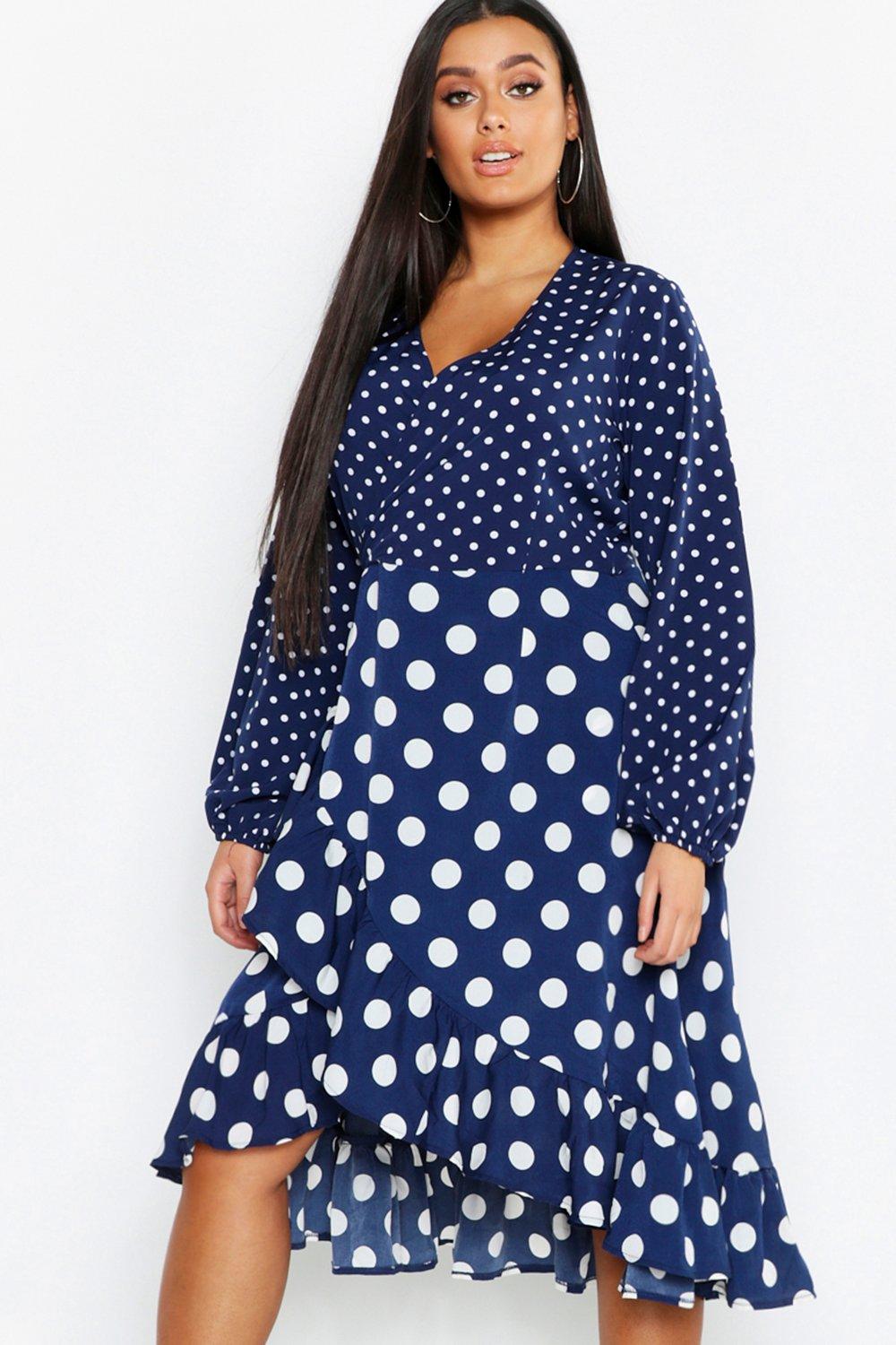 Plus Polka Dot Ruffle Wrap Midi Dress | Boohoo