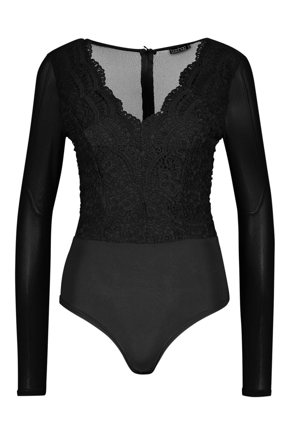 

Petite Long Sleeve Premium Scallop Edge Corded Lace Bodysuit, Black