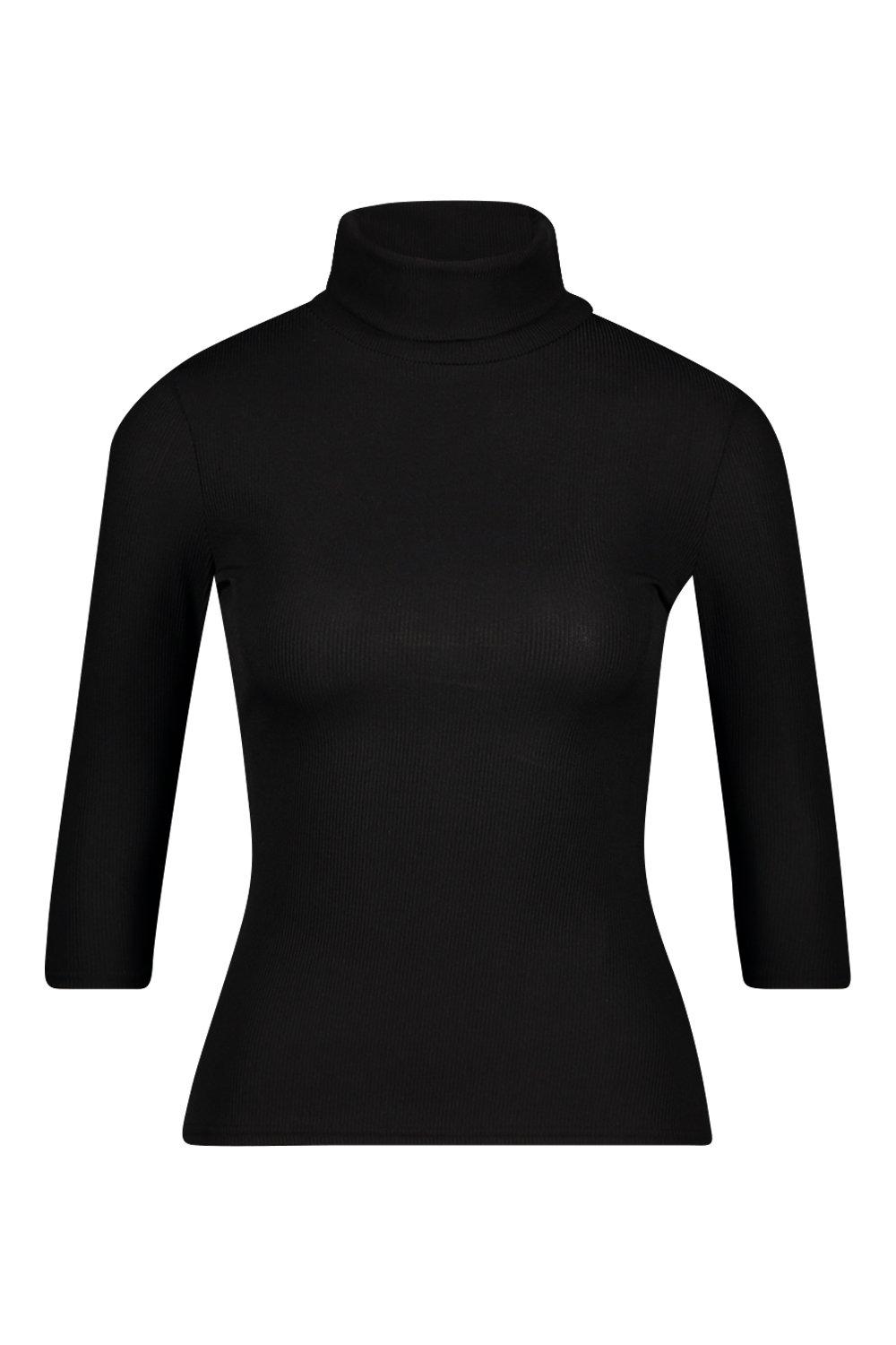 

Petite — с воротником под горло в рубчик 3/4 Топ с рукавами, Black