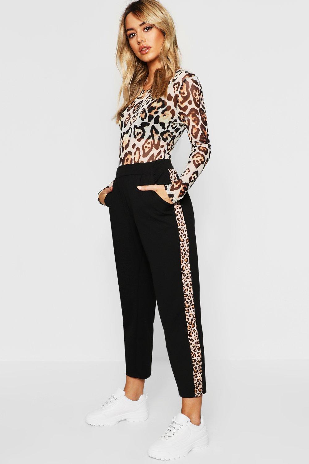 black trousers with leopard print stripe