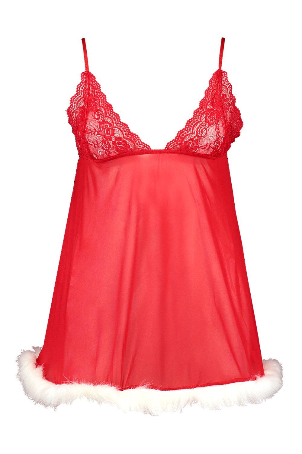 

Plus Christmas Faux Fur Trim Babydoll, Red