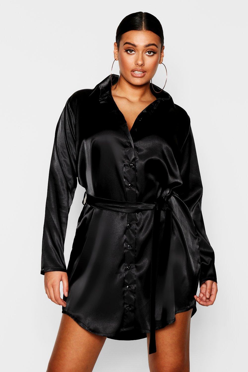 black satin shirt dress