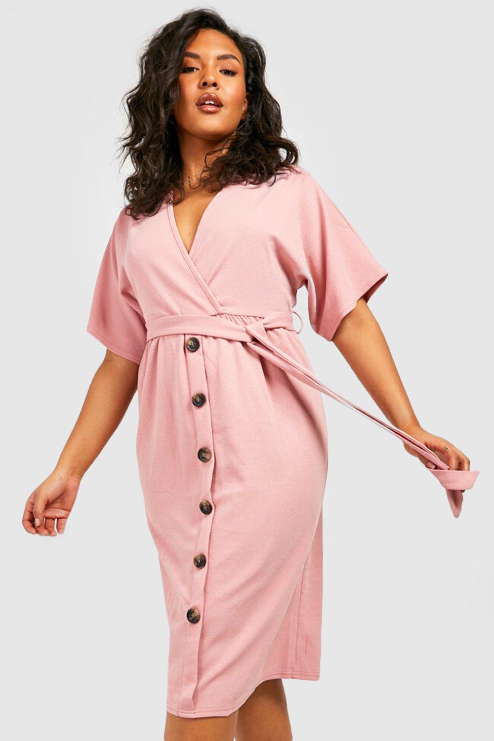 Plus Belted Button Down Midi Dress - Pink - 26