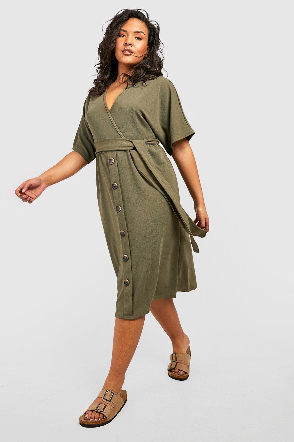 Womens Plus Belted Button Down Midi Dress - Green - 20, Green