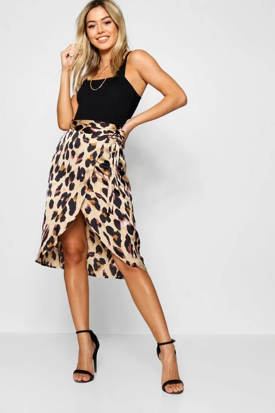 Petite Leopard Print Satin Wrap Midi Skirt