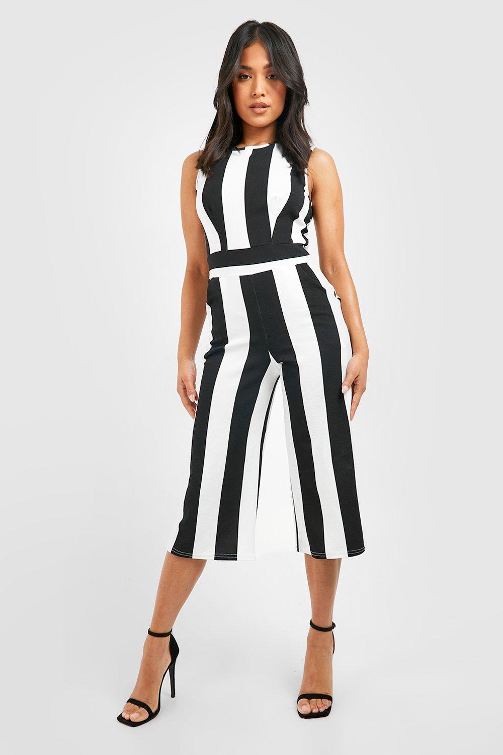 Petite Monochrome High Neck Striped Jumpsuit