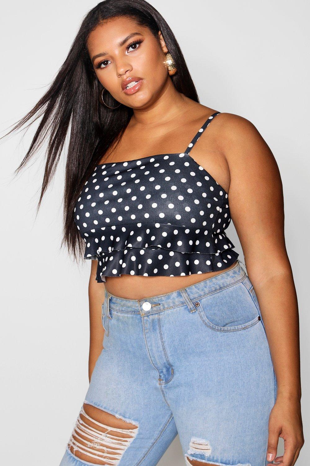 

Plus Ruffle Polka Dot Top, Black