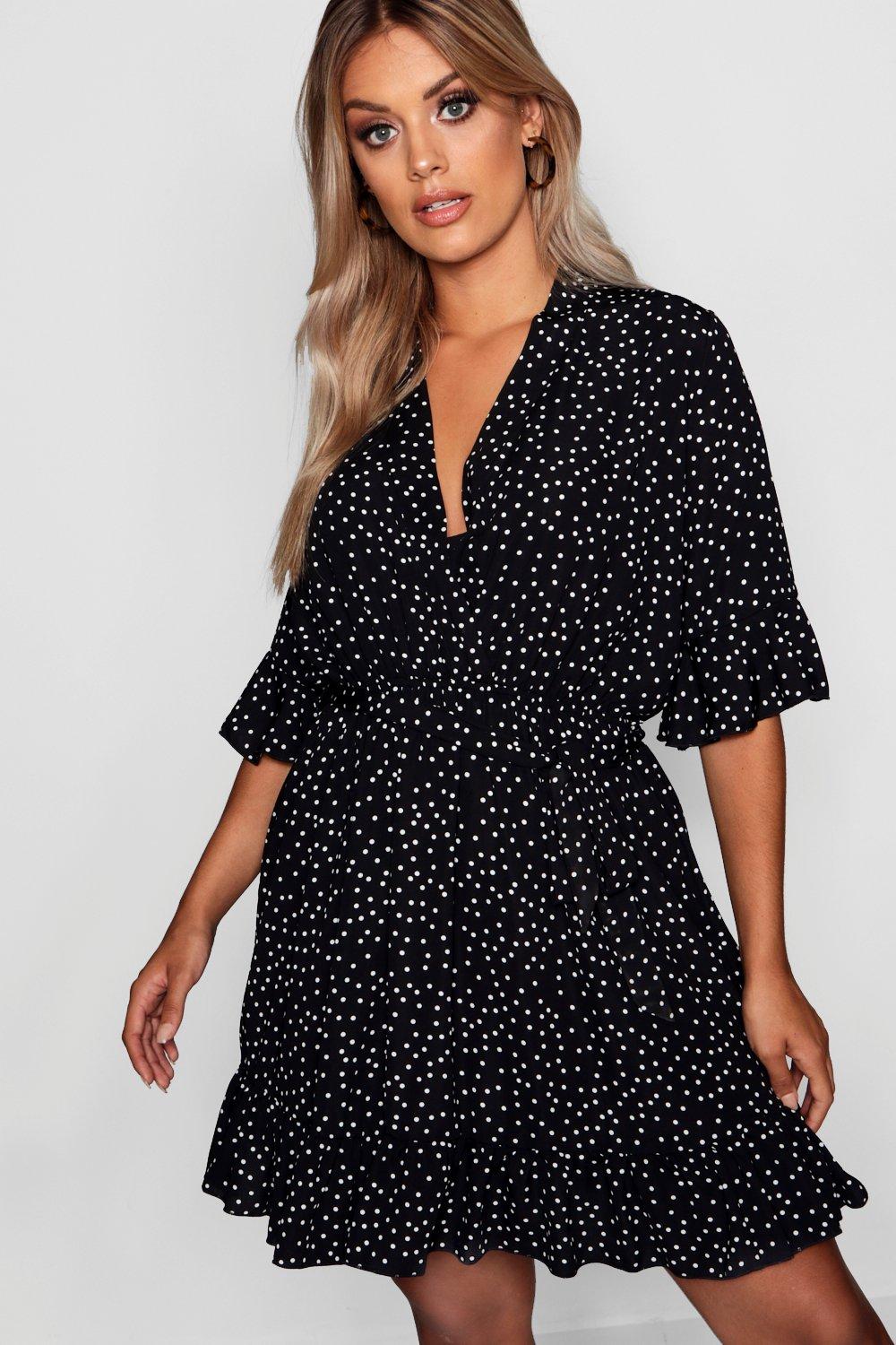 black spotty wrap dress