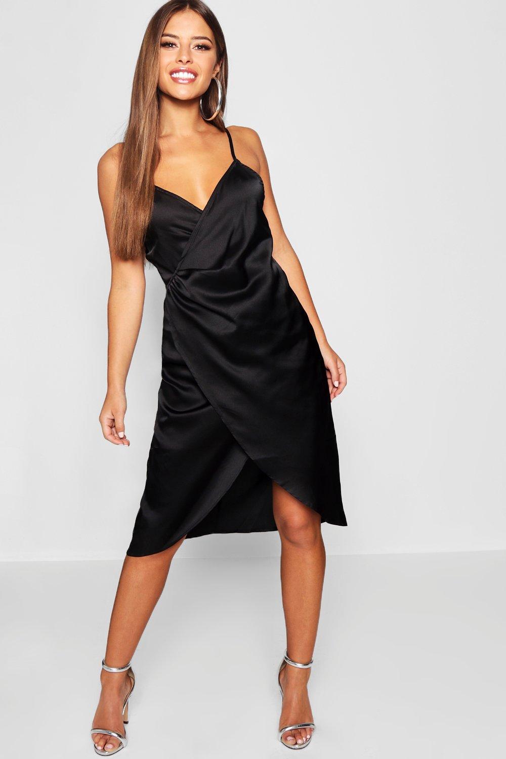 black satin wrap midi dress