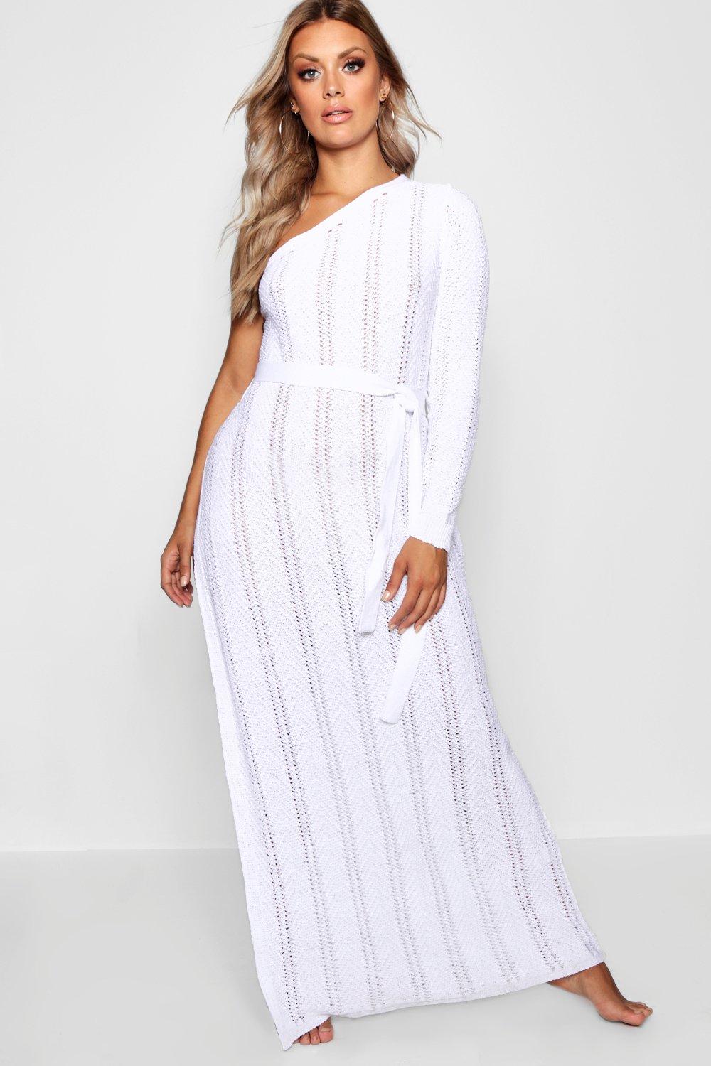 Plus One Shoulder Crochet Beach Dress Boohoo