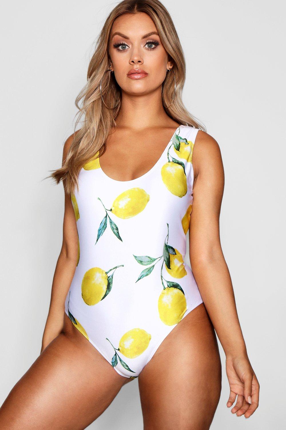 

Plus Bex Lemon Print Scoop Neck Swimsuit, Белый