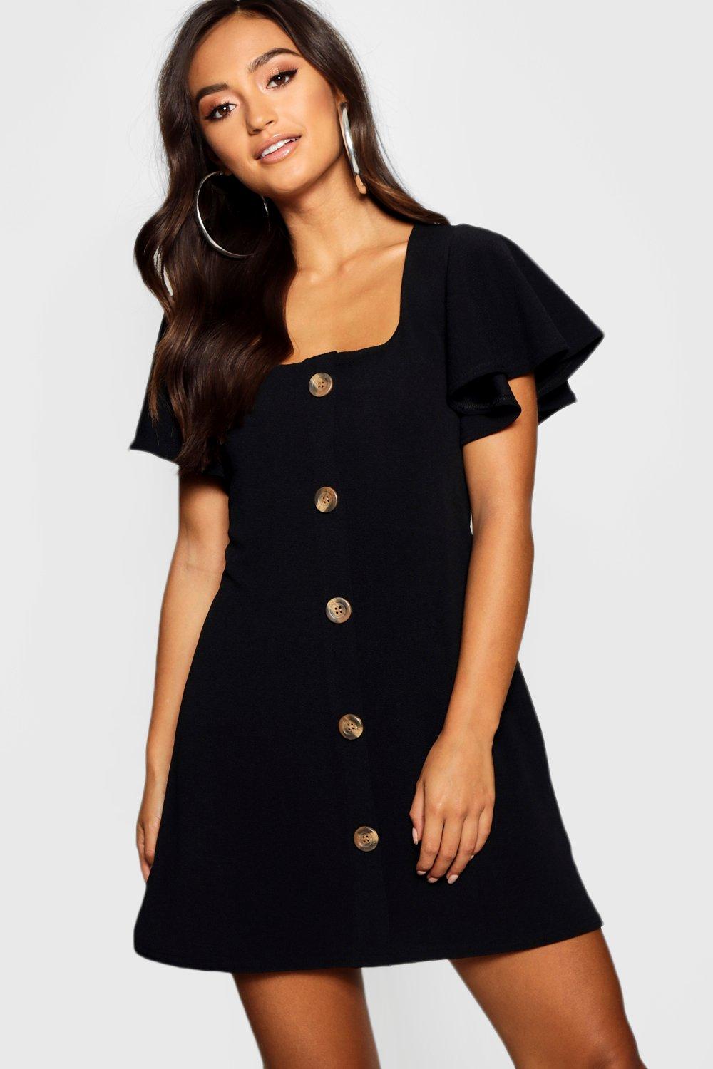 black button shift dress
