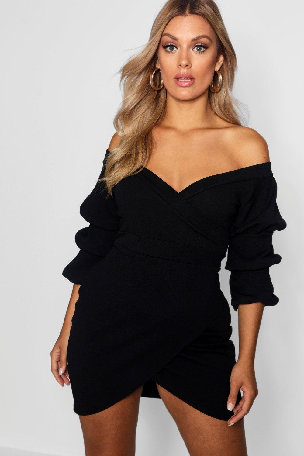 plus off the shoulder wrap bodycon dress