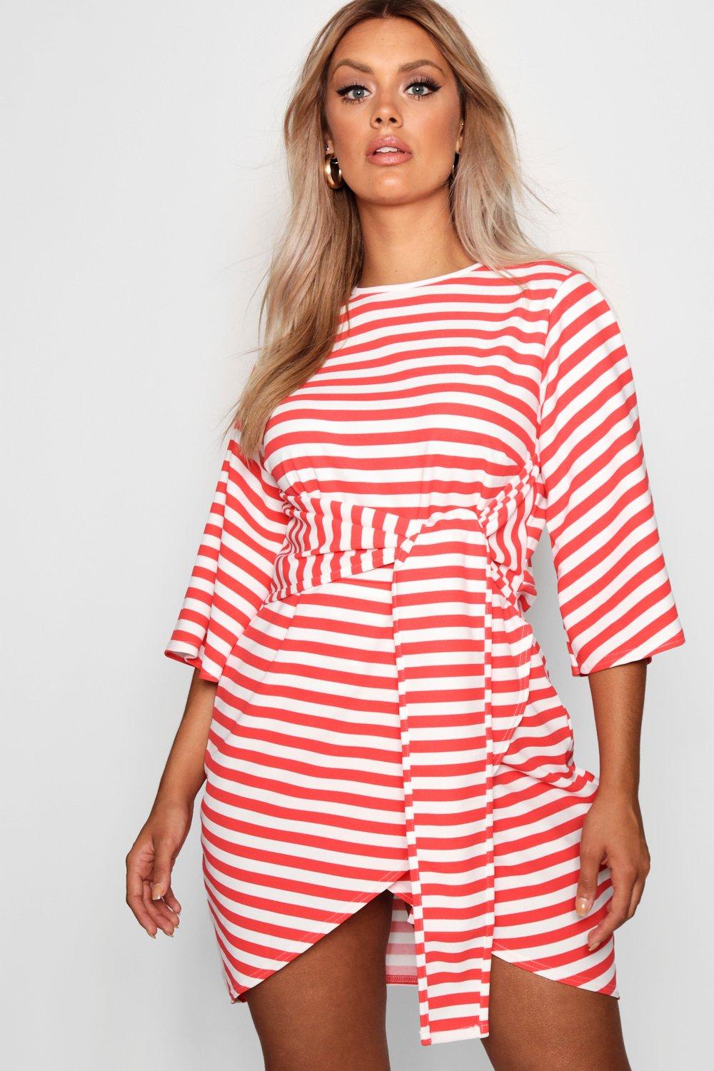 Plus Elle Stripe Kimono Sleeve Tie Waist Wrap Dress Boohoo 7861