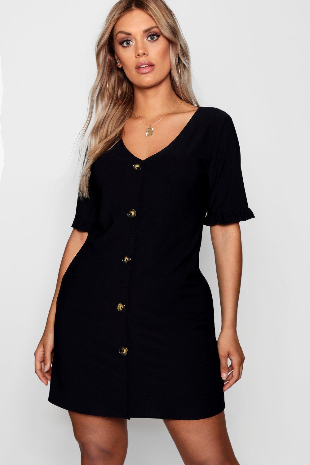 black button shift dress