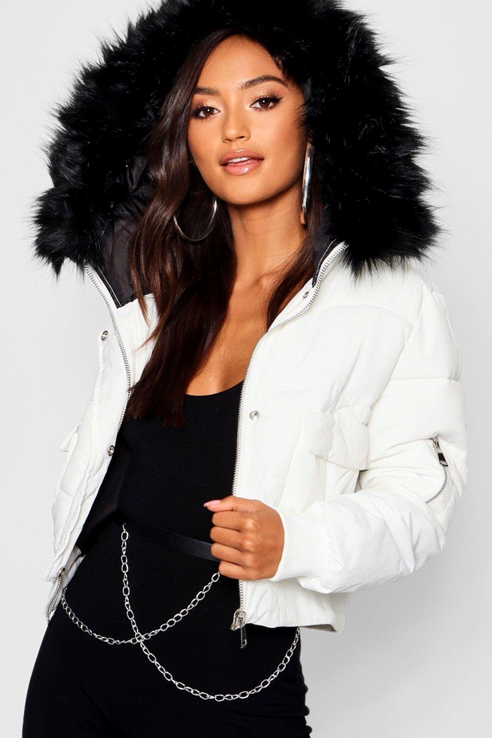 women's white coat with fur hood