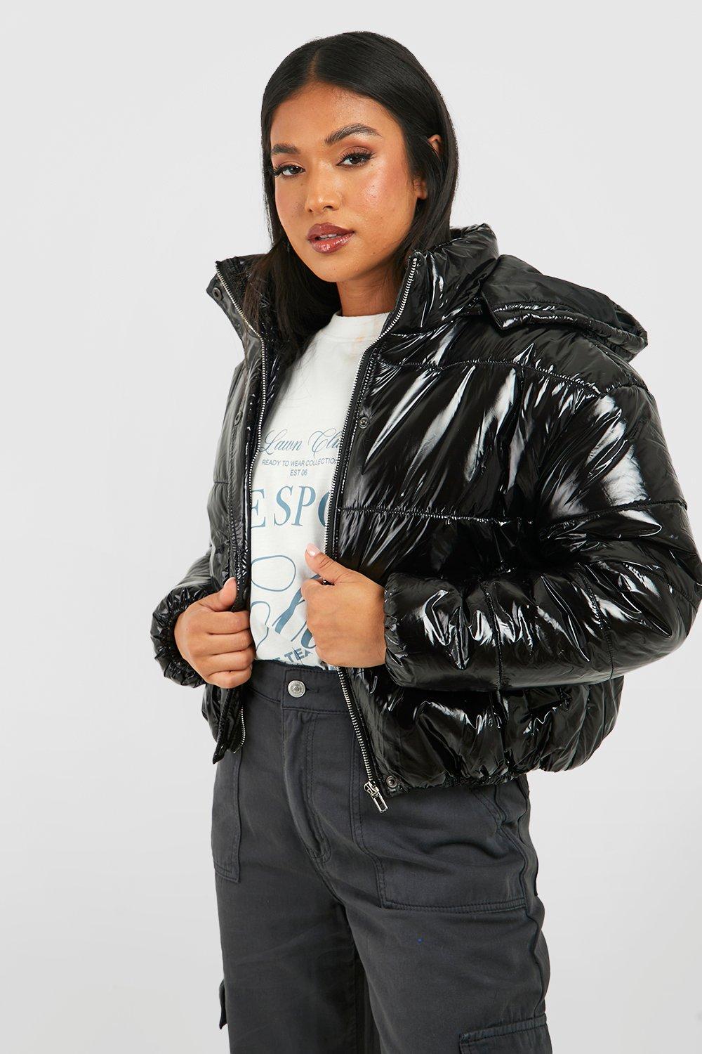 black shiny hooded coat