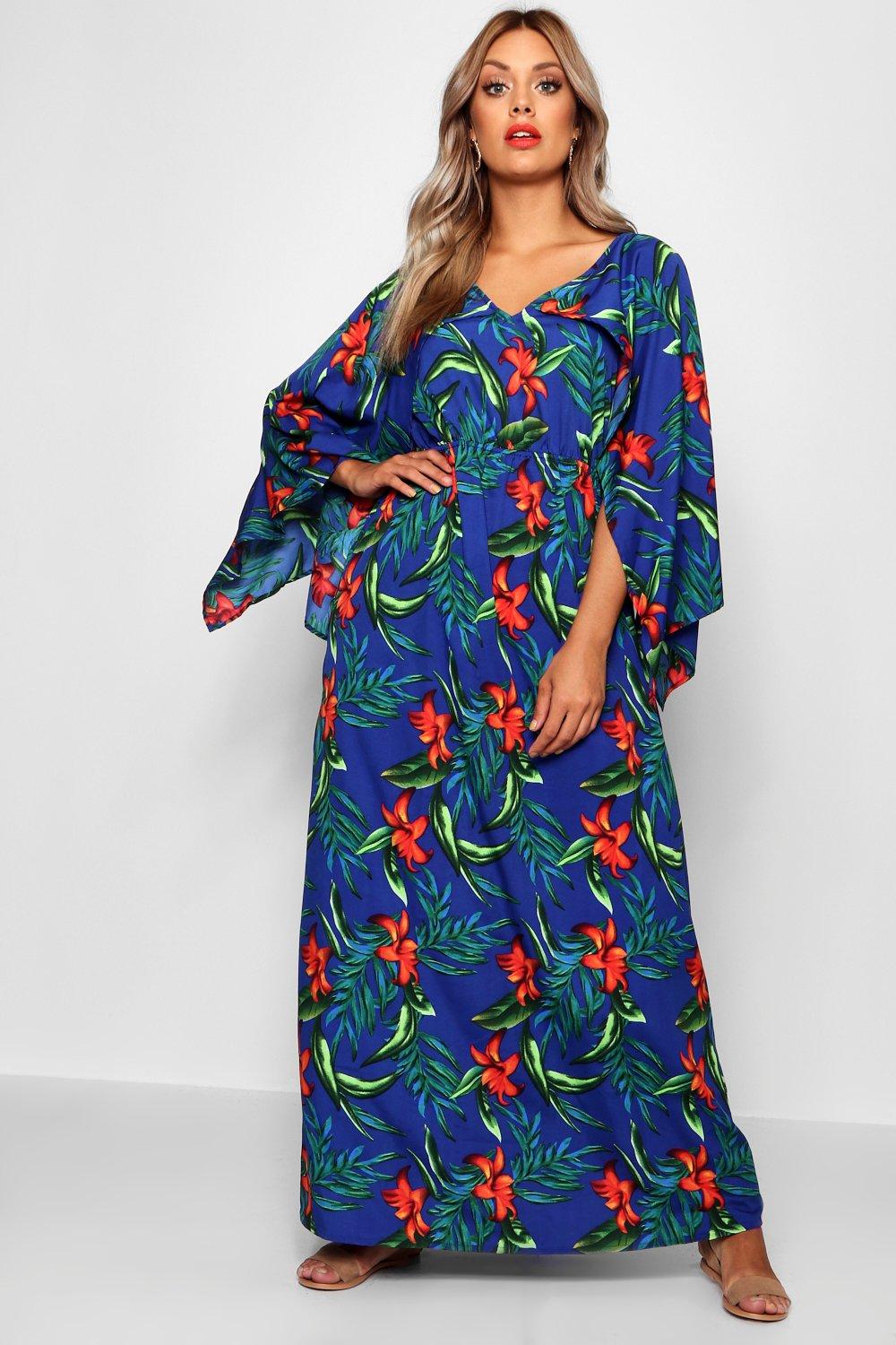 Image of Plus Jaimie maxi abito con maniche a kimono e motivo tropicale, Azzurro