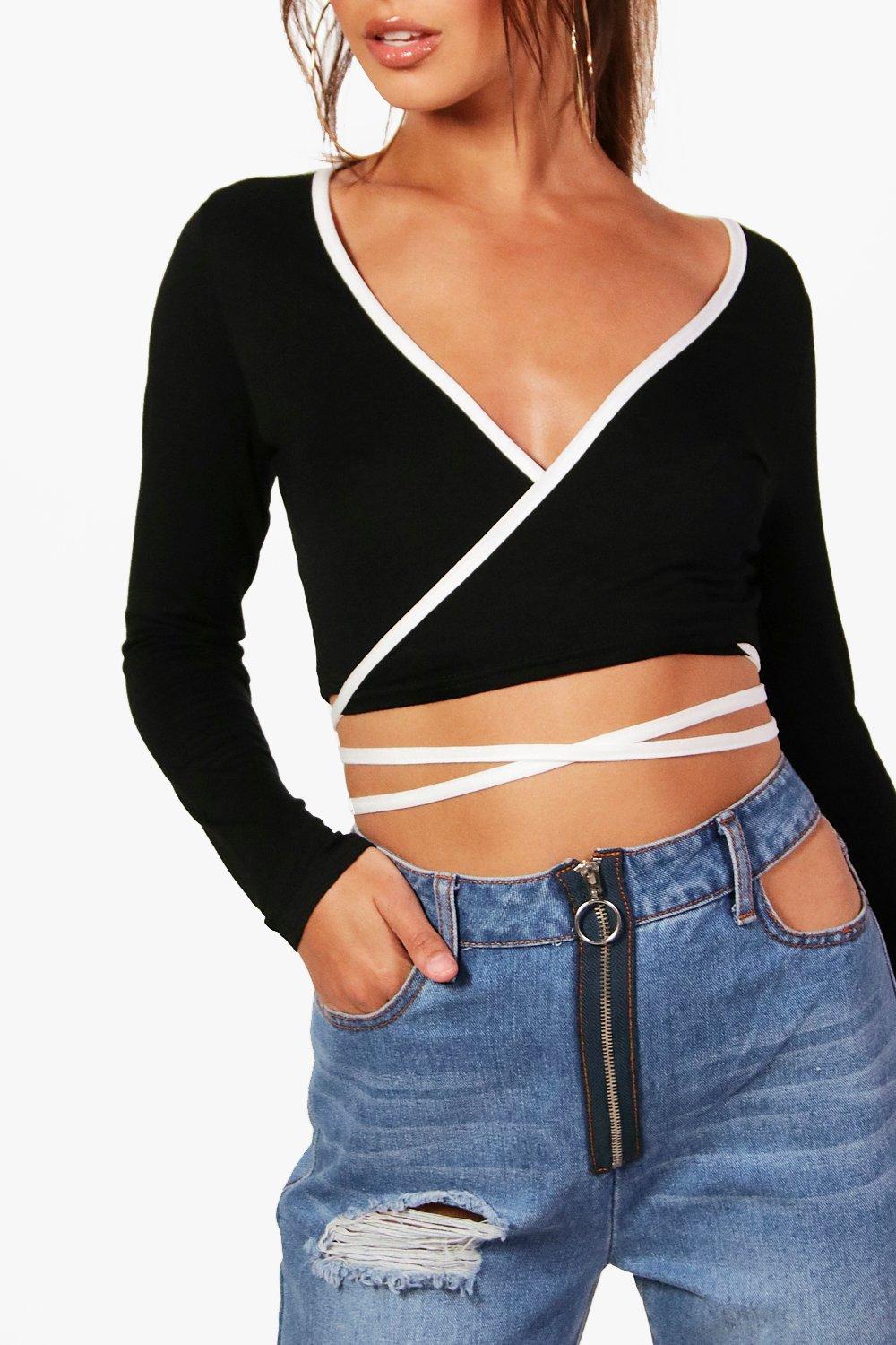 

Petite Contrast Binding Wrap Top, Черный