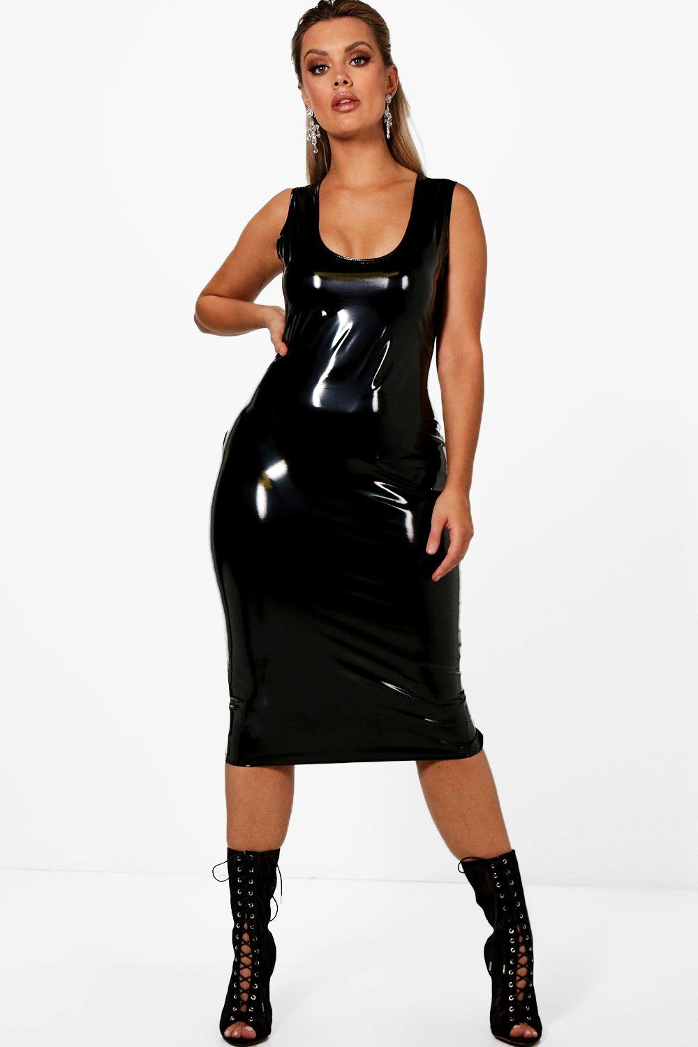 black vinyl midi dress