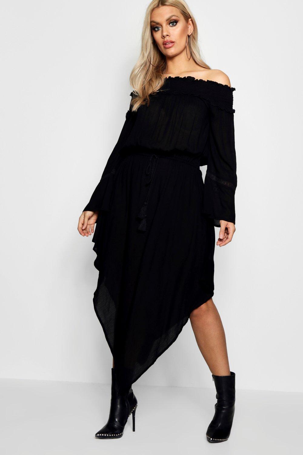 boohoo off the shoulder skater dress