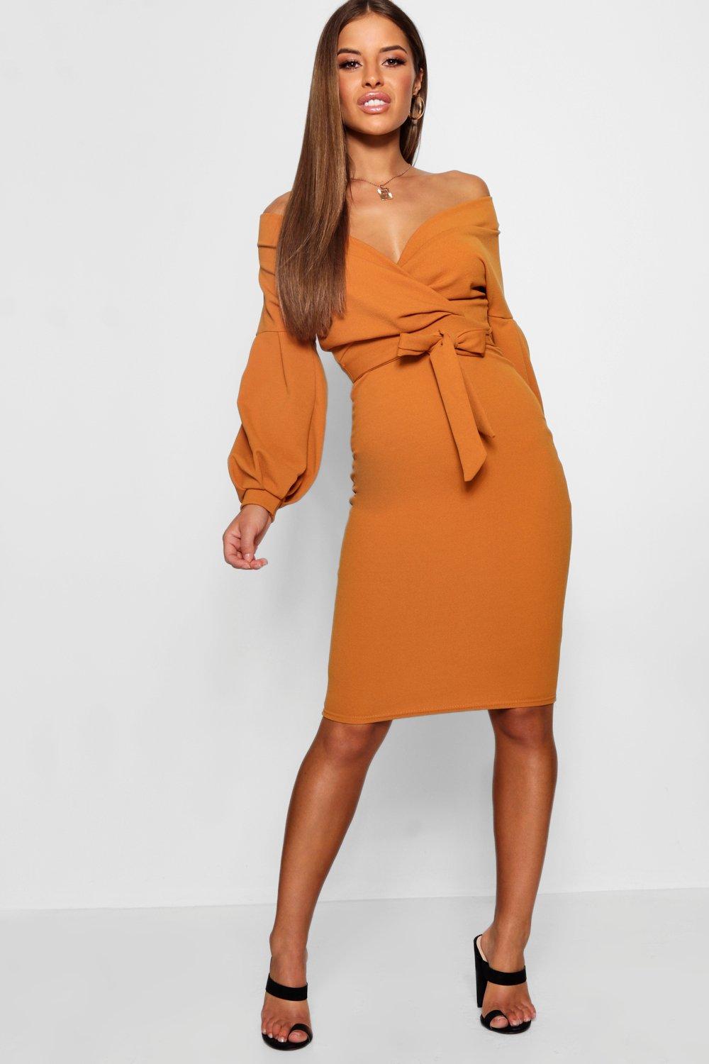 Womens Petite Off The Shoulder Wrap Midi Dress - Orange - 6, Orange ...