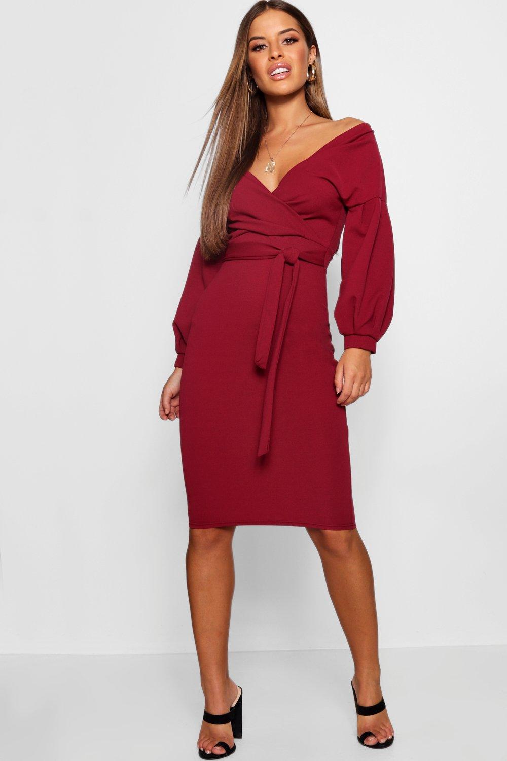 Schulterfreies Bodyconkleid in Midilänge mit Wickelung | Boohoo Schulterfreies Bodyconkleid in Midilänge mit Wickelung | Boohoo