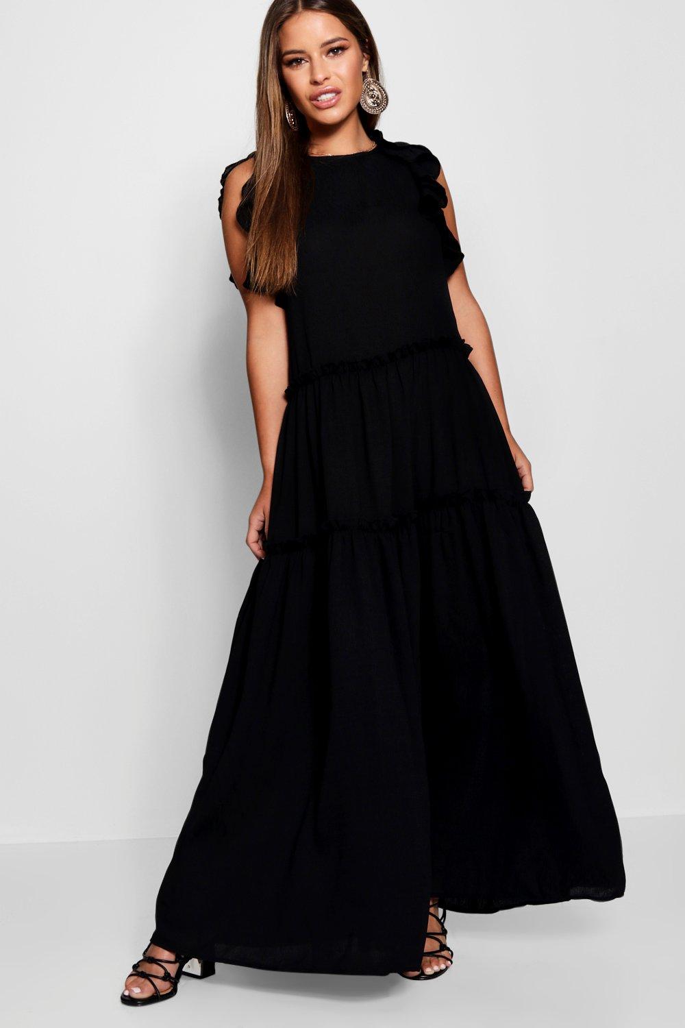 Boohoo Womens Petite Tiered Ruffle Shoulder Maxi Dress | eBay