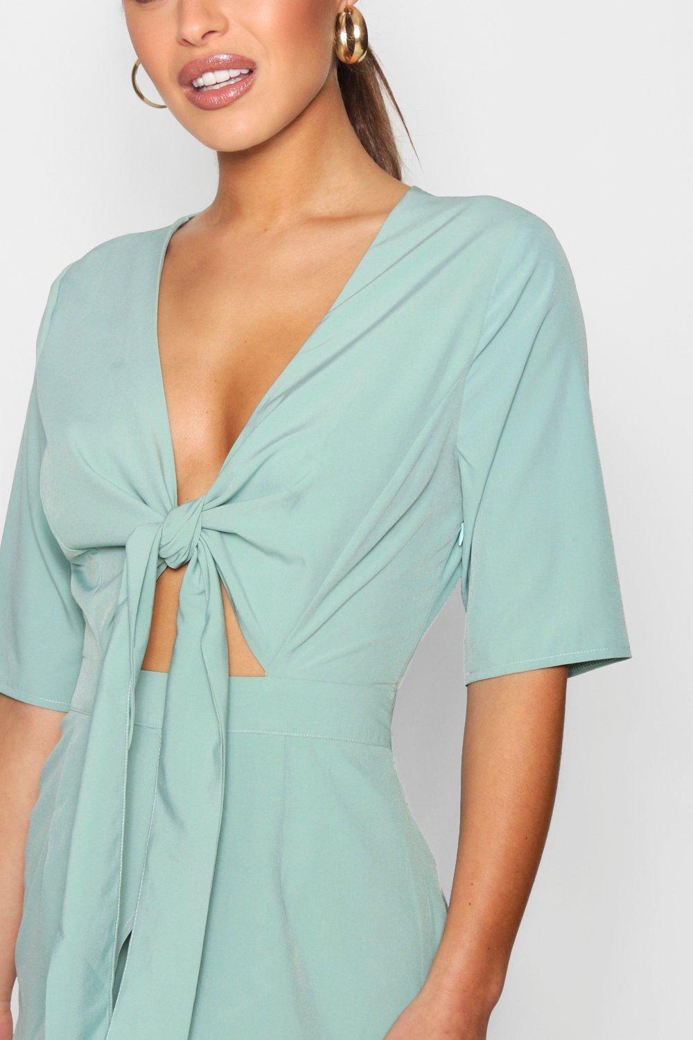 

Petite Knot Front Plunge Playsuit, Черный