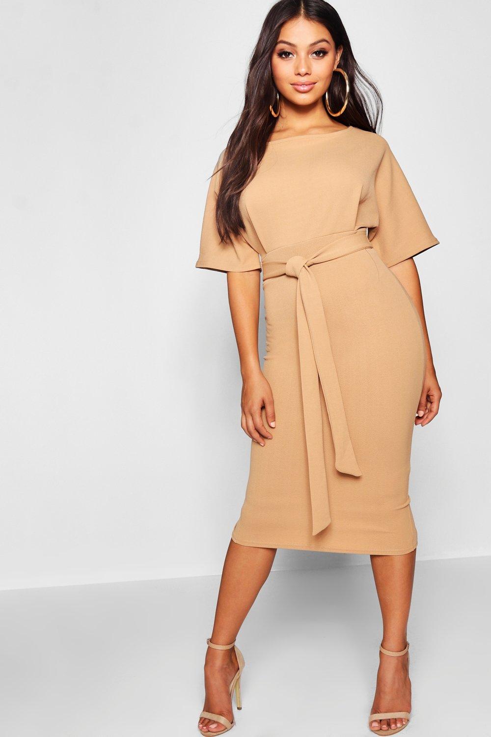 petite tie waist formal wiggle midi dress