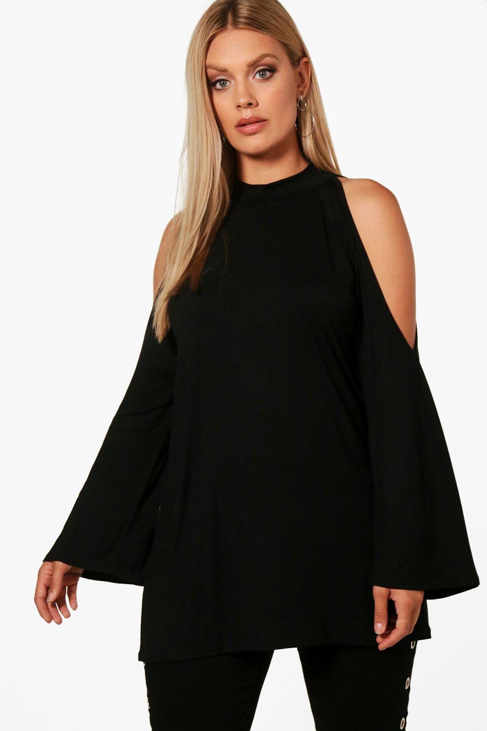 high neck open shoulder top