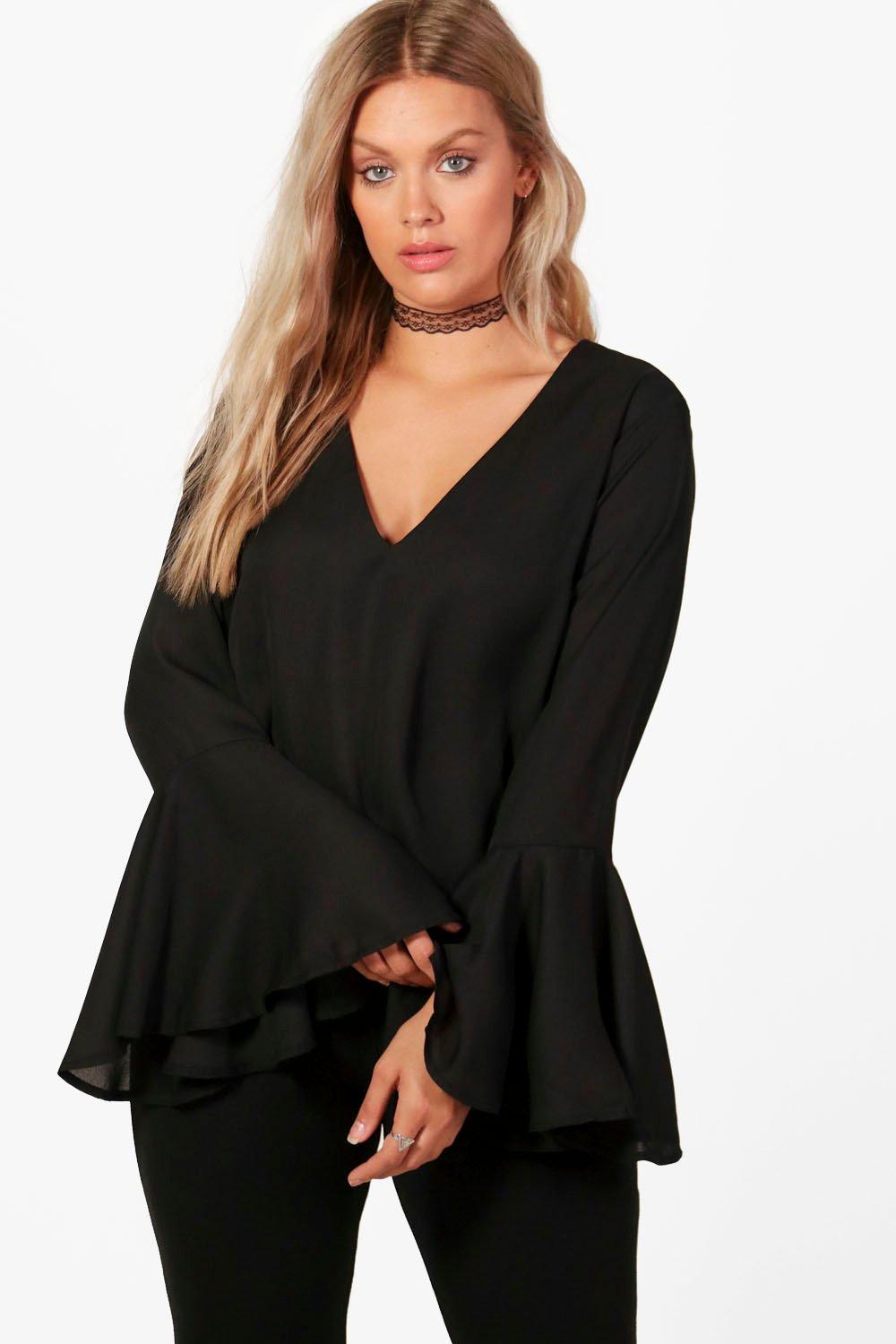 

Plus Tie Back Flute Sleeve Blouse, Черный