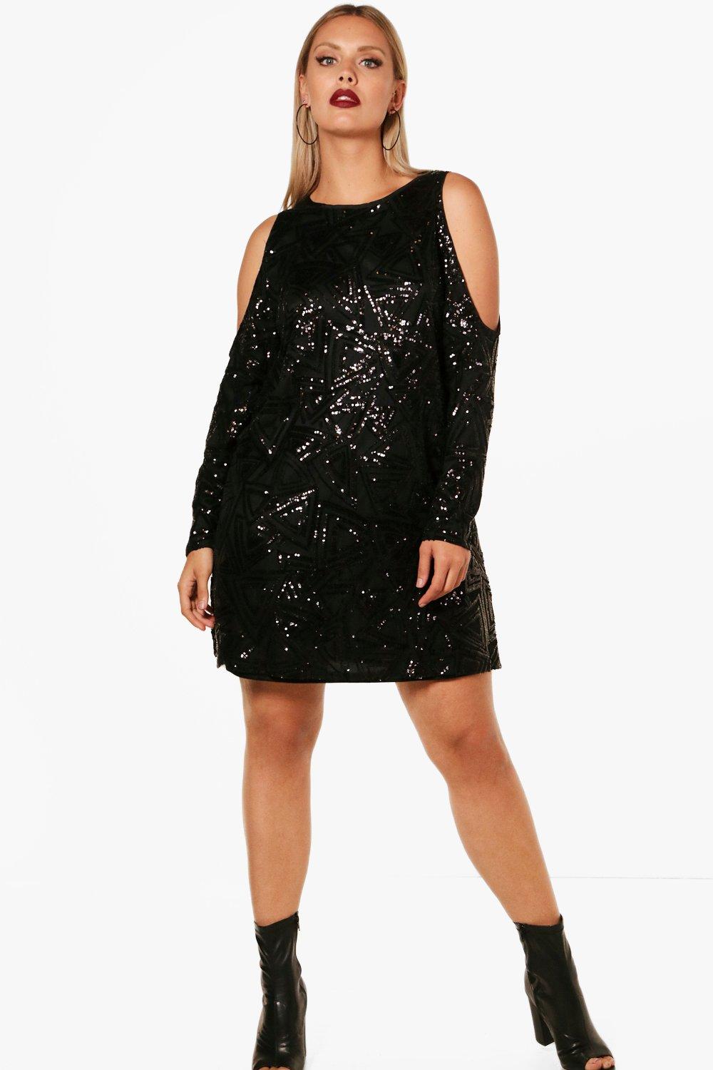 Plus Piper Open Shoulder Pattern Sequin Dress | Boohoo