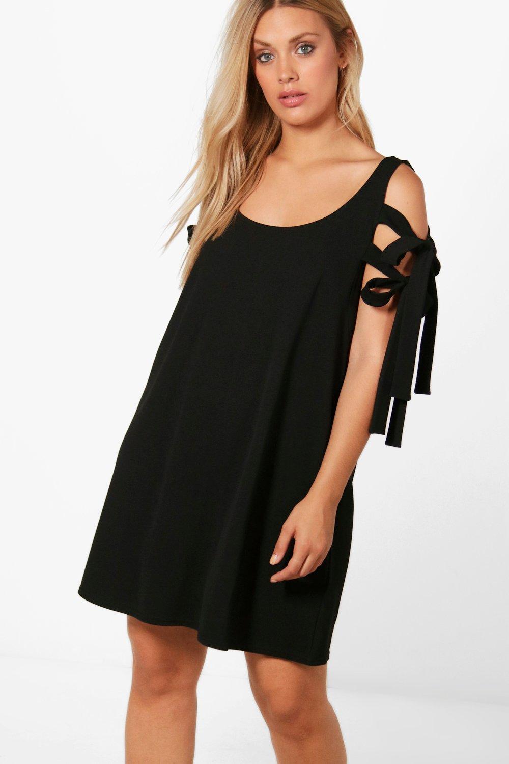 black cold shoulder shift dress