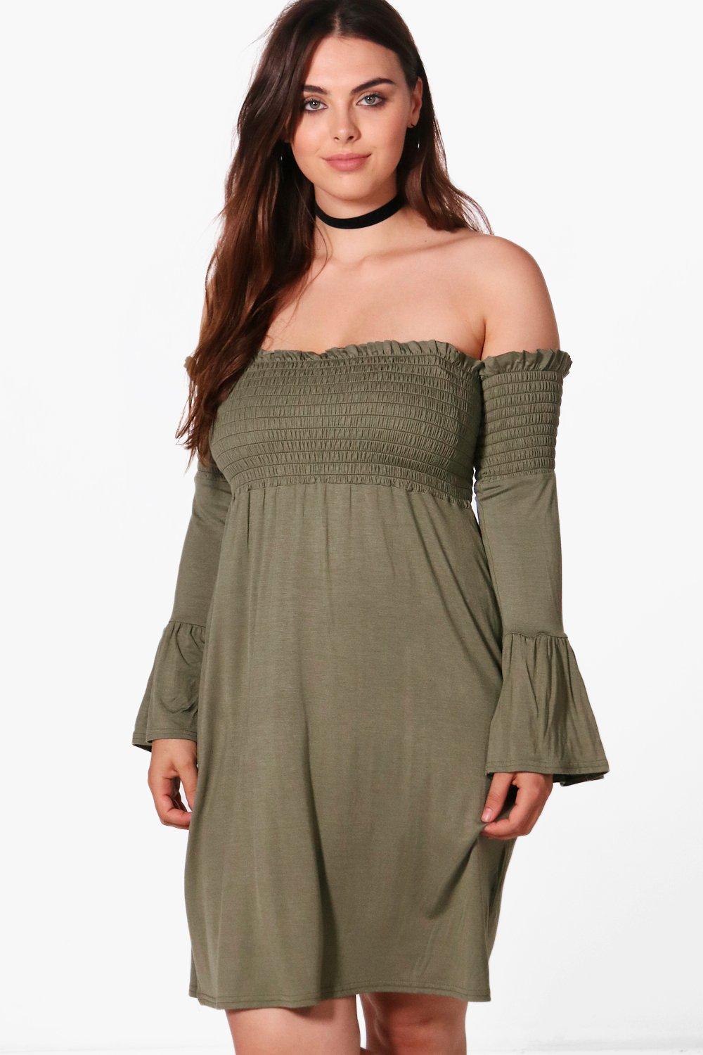 off shoulder shirred dress