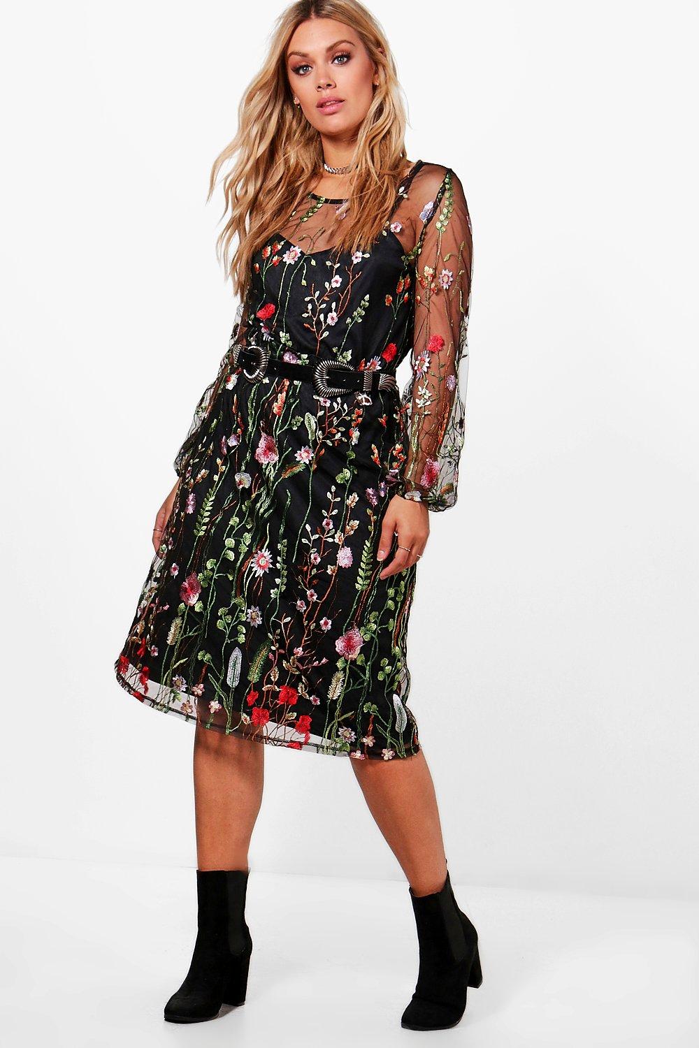 black embroidered midi dress