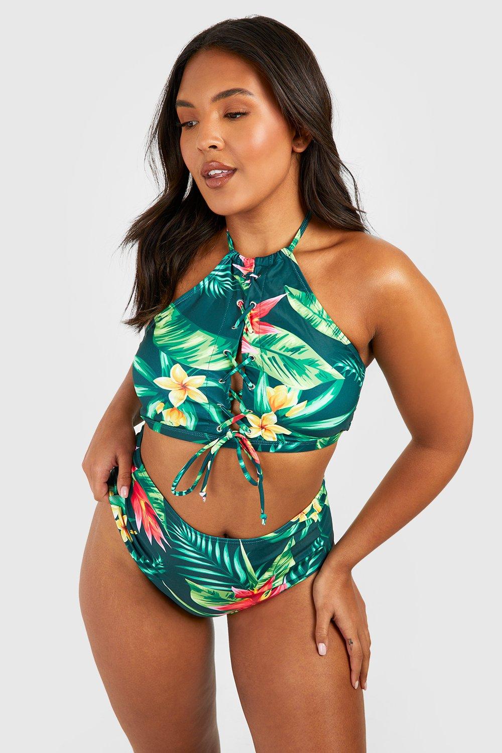 Image of Bikini Plus Size a vita alta con stampa tropicale e laccetti, Multi