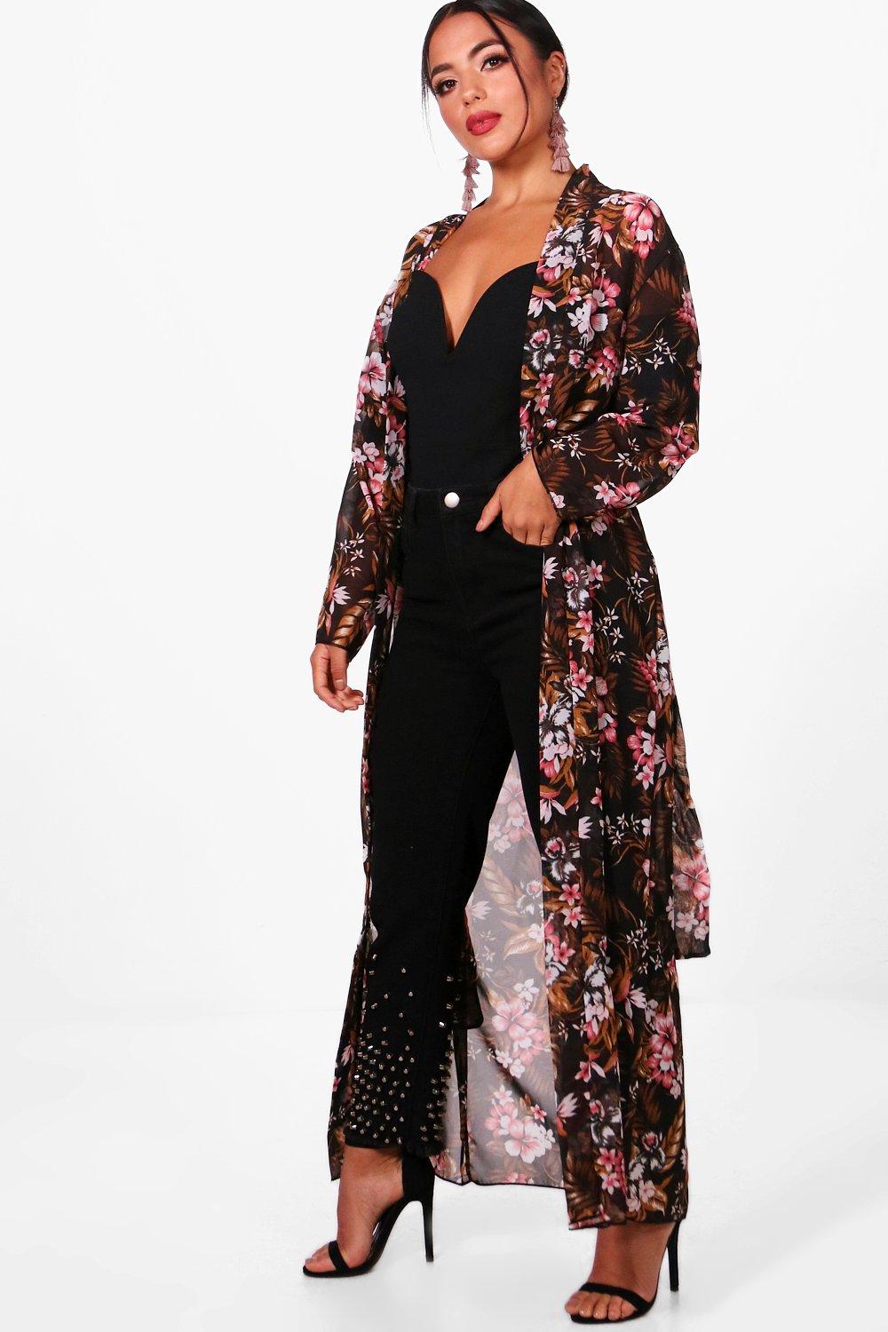 Petite Alicia Dark Floral Chiffon Belted Duster | Boohoo